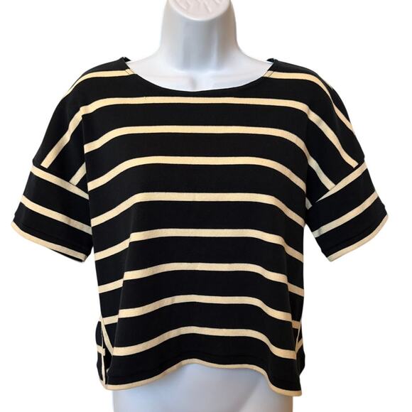 La Ligne "Short Sleeve Breton Tee" Shirt Cotton Boatneck Stripes Boxy Cropped XS - Picture 4 of 10